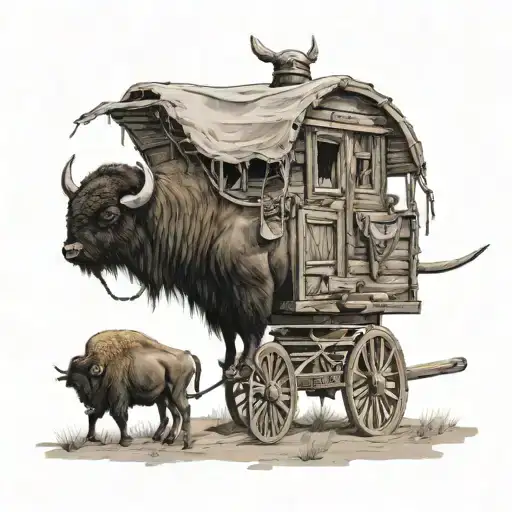 western wagon cabin pulled by bison land pirate  tattoo design idea