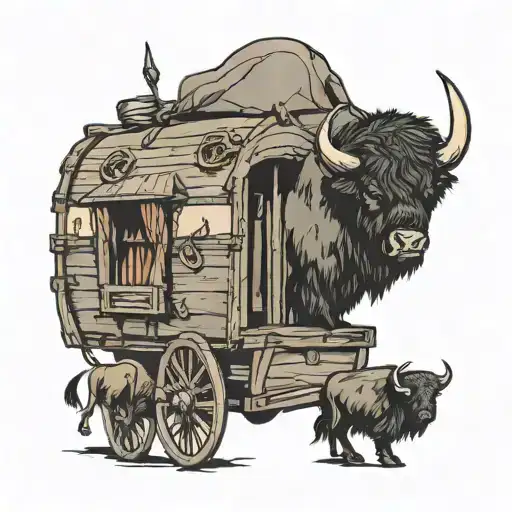 western wagon cabin towed by bison land pirate  tattoo design idea