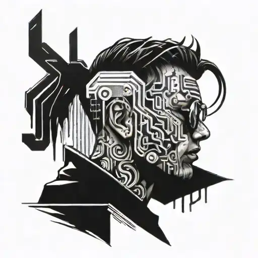 A cyberpunk-inspired tattoo featuring a futuristic hacker surrounded by digital code, with a dark and gritty blackwork style tattoo design idea