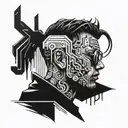 A cyberpunk-inspired tattoo featuring a futuristic hacker surrounded by digital code, with a dark and gritty blackwork style tattoo design idea