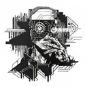 A cyberpunk-inspired tattoo featuring a futuristic hacker surrounded by digital code, with a dark and gritty blackwork style tattoo design idea