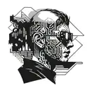 A cyberpunk-inspired tattoo featuring a futuristic hacker surrounded by digital code, with a dark and gritty blackwork style tattoo design idea