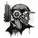 A cyberpunk-inspired tattoo featuring a futuristic hacker surrounded by digital code, with a dark and gritty blackwork style tattoo design idea