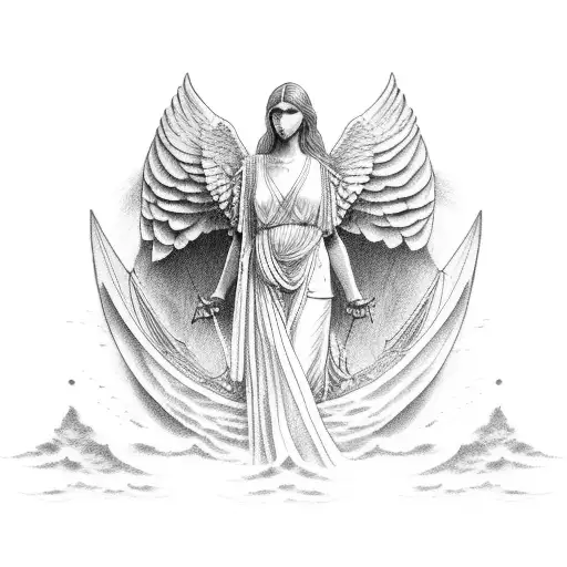 Nike of Samothrace on boat with text reading "She is tossed by the waves but does not sink" tattoo design idea