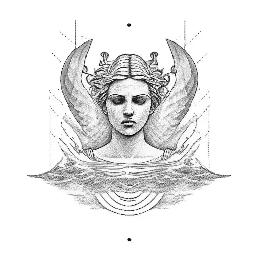 Nike of Samothrace on boat with text reading "She is tossed by the waves but does not sink" tattoo design idea