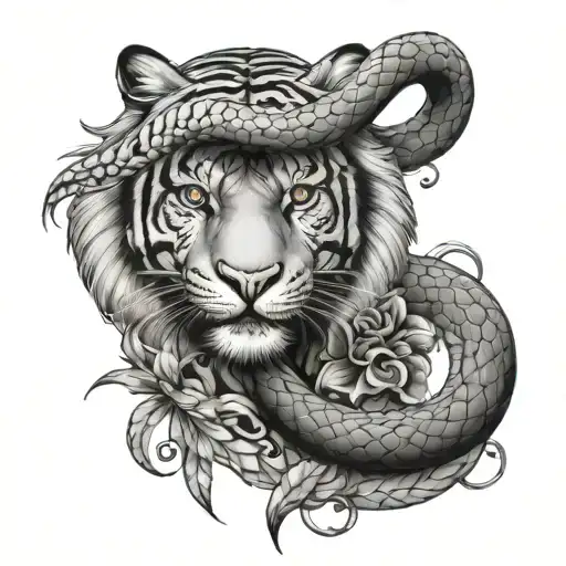 tattoo combines snake and tiger, back-white, basic, more beatiful  tattoo design idea