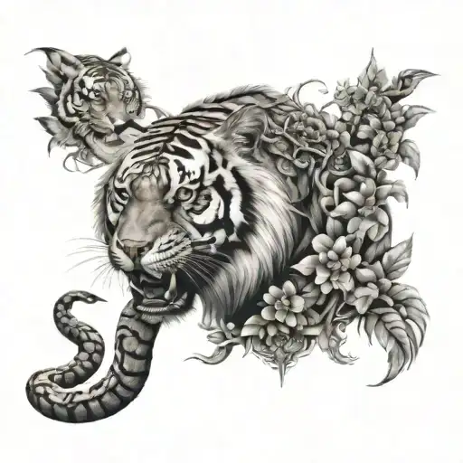 tattoo combines snake and tiger, back-white, basic, more beatiful  tattoo design idea