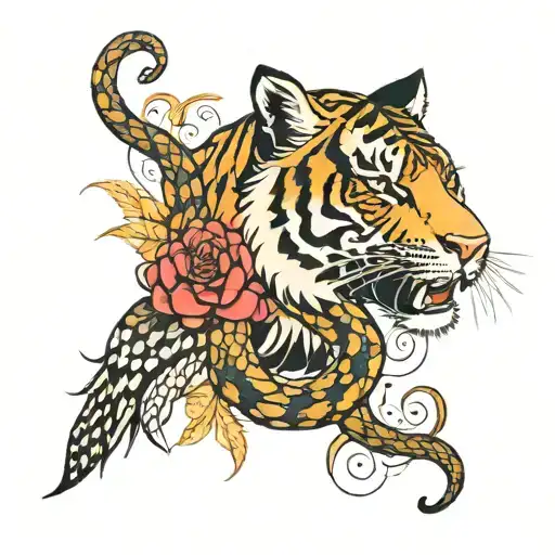tattoo combines snake and tiger, back-white, basic, more beatiful  tattoo design idea