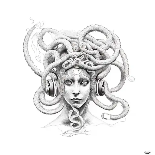 A sketch style tattoo of a polyglot Medusa with headphones, representing the power of music and languages tattoo design idea