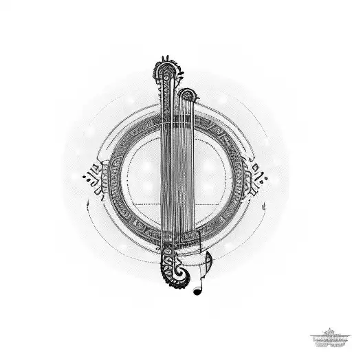 A blackwork tattoo of a lyre with musical notes intertwined with binary code tattoo design idea