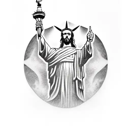 I want a meating with Redentor Christ, liberty statue in the Auckland tower coming out of the earth globe tattoo design idea