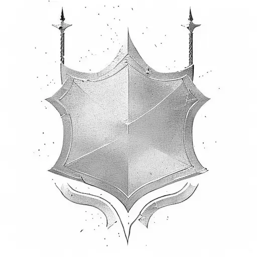 I want a minimalist style design of a shield and above a sword that is cracked.  It's for a black and white tattoo tattoo design idea