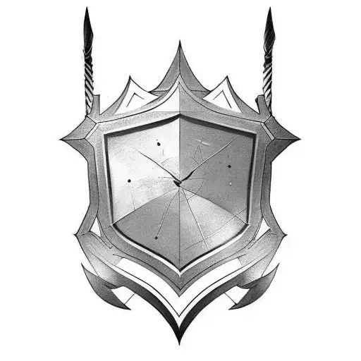 I want a minimalist style design of a shield and above a sword that is cracked.  It's for a black and white tattoo tattoo design idea