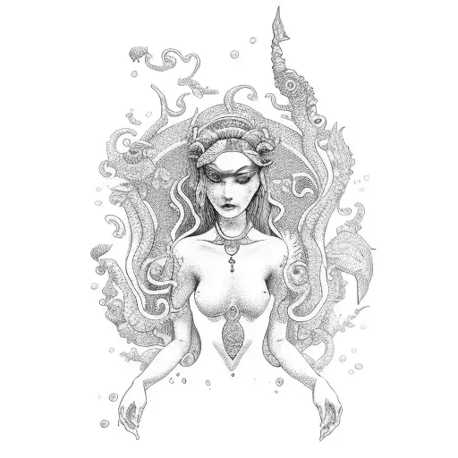 Amphitrite in his golden palace under the sea tattoo design idea