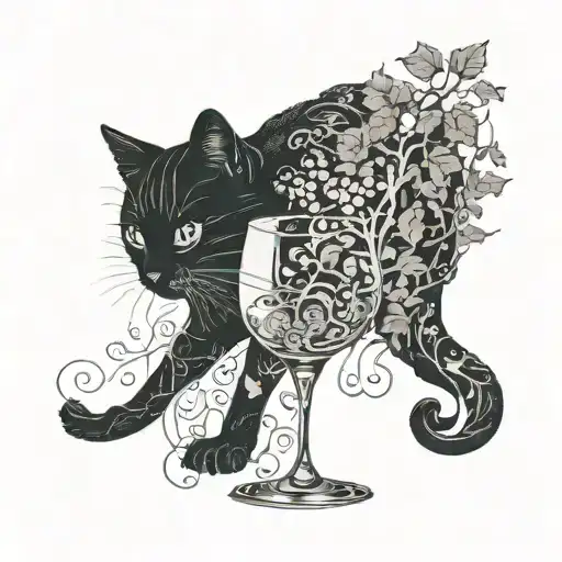 A wine glass with a cat silhouette filled with grape vines tattoo design idea