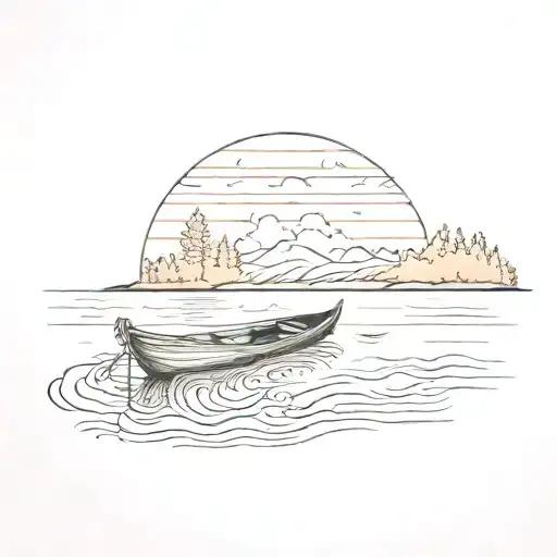 A sketch style tattoo of a tranquil lake scene with a rowboat drifting towards a colorful sunset tattoo design idea