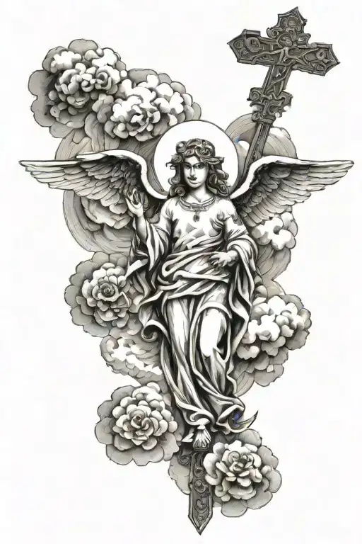 religious piece with clouds surrounding angels with a cross in the middle tattoo design idea