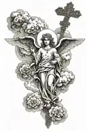religious piece with clouds surrounding angels with a cross in the middle tattoo design idea