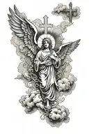 religious piece with clouds surrounding angels with a cross in the middle tattoo design idea