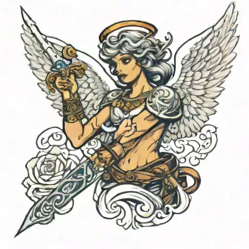 trans angel holding a sword tattoo design idea
