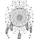 A dotwork dreamcatcher with roses and peonies hanging from it tattoo design idea