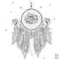 A dotwork dreamcatcher with roses and peonies hanging from it tattoo design idea