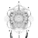 A dotwork dreamcatcher with roses and peonies hanging from it tattoo design idea