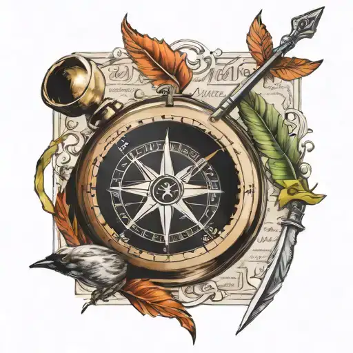 compass and writing quill semilcolon  with arrow tattoo design idea