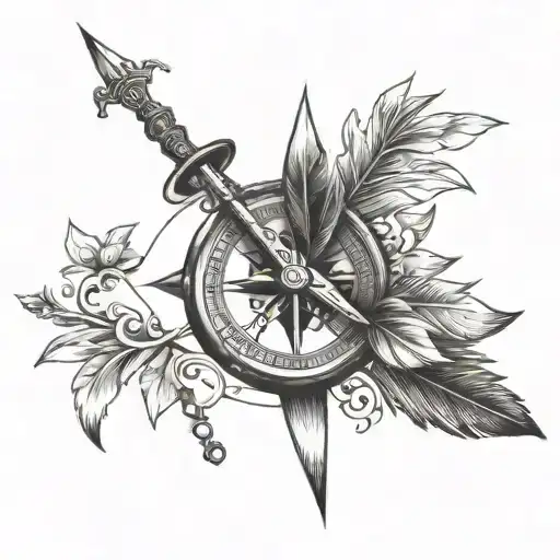 compass, writing feather and arrow  tattoo design idea