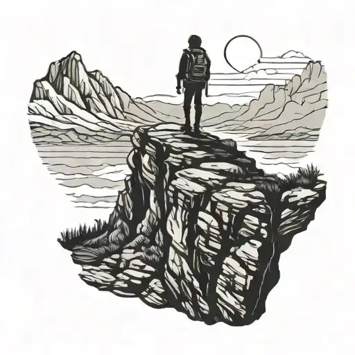 A silhouette of a lone traveler with a backpack standing at the edge of a cliff overlooking a vast landscape tattoo design idea