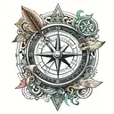 compass and writing quill with arrow tattoo design idea