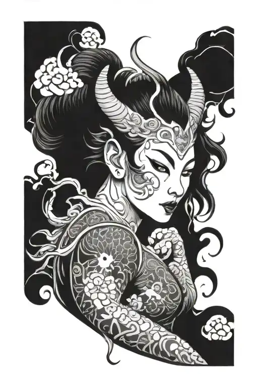 dark Japanese female demon half angel tattoo design idea