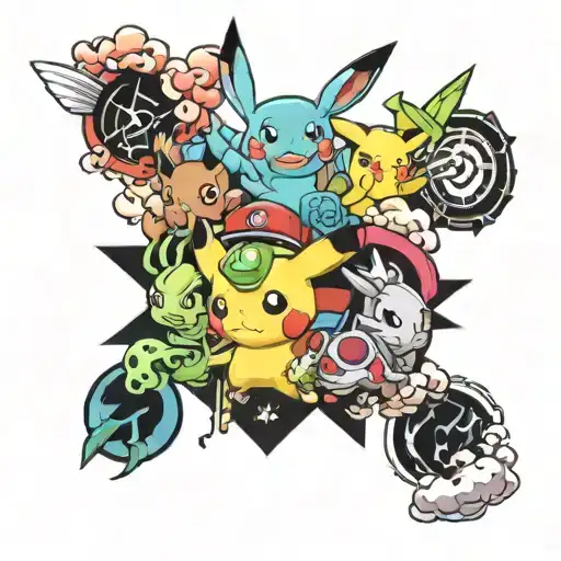 A tattoo design of various Pokemon characters, including Pikachu, Eevee, and Bulbasaur, in a colorful new-school style tattoo design idea