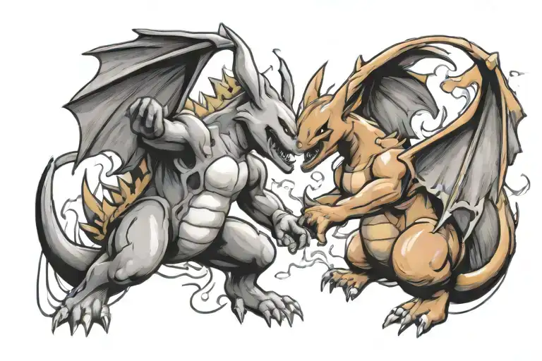 A tattoo design of a Pokemon battle scene, with Pikachu and Charizard facing off, in a realism style tattoo design idea
