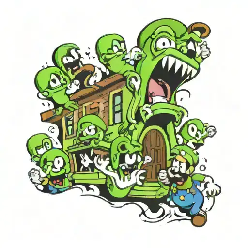 A tattoo design featuring Luigi's mansion, with ghosts and Luigi himself, in a new-school style tattoo design idea