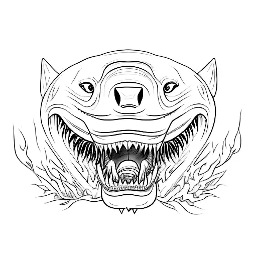 Create a tattoo featuring a mix of a white shark jaw and grizzly bear paws in a black-grey style tattoo design idea