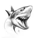 Create a tattoo featuring a mix of a white shark jaw and grizzly bear paws in a black-grey style tattoo design idea