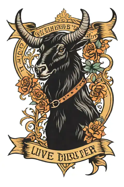 Black Phillip from the movie The Witch with a banner that says "Live Deliciously"  tattoo design idea