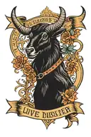 Black Phillip from the movie The Witch with a banner that says "Live Deliciously"  tattoo design idea
