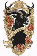 Black Phillip from the movie The Witch with a banner that says "Live Deliciously"  tattoo design idea