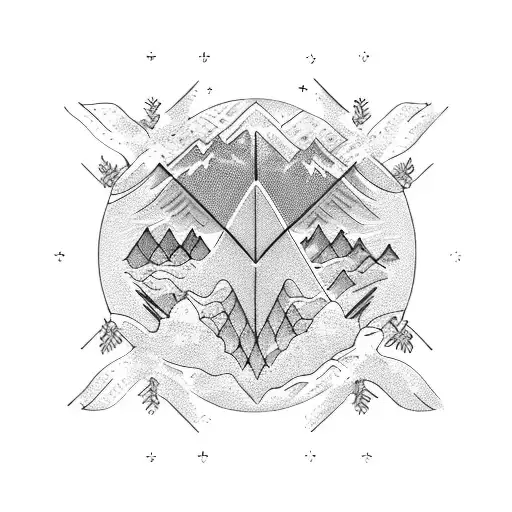 ligne montagne soleil océan flocons sapin pomme de pain tattoo design idea
