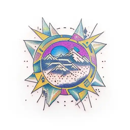 ligne montagne soleil océan flocons sapin pomme de pain tattoo design idea