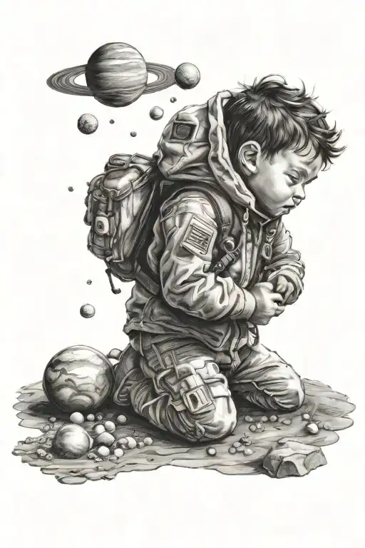child looking up into space surrounded by planets thinking about humanity's insignificance in the universe tattoo design idea