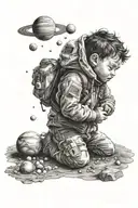 child looking up into space surrounded by planets thinking about humanity's insignificance in the universe tattoo design idea