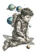 child looking up into space surrounded by planets thinking about humanity's insignificance in the universe tattoo design idea