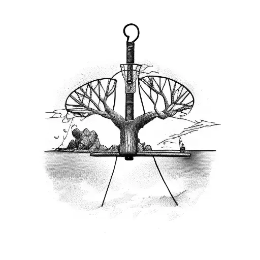 A basketball hoop hanging from a tree branch on a tropical island tattoo design idea