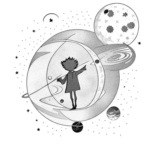 A silhouette of the Little Prince sitting on a planet, surrounded by a galaxy of stars tattoo design idea