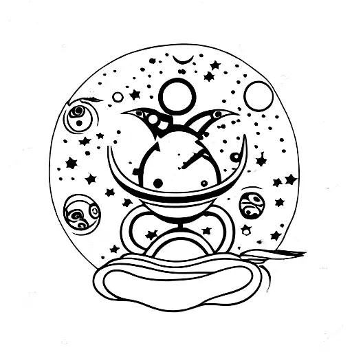 A silhouette of the Little Prince sitting on a planet, surrounded by a galaxy of stars tattoo design idea