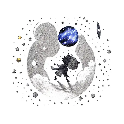 A silhouette of the Little Prince sitting on a planet, surrounded by a galaxy of stars tattoo design idea
