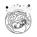 A silhouette of the Little Prince sitting on a planet, surrounded by a galaxy of stars tattoo design idea